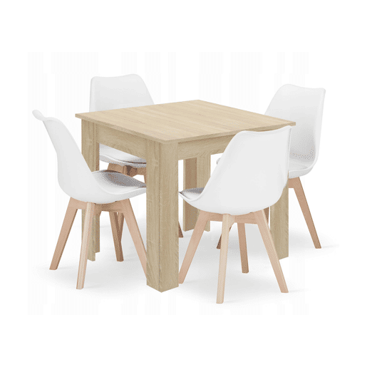 Conjunto de jantar com mesa 80 × 80 cm com painel para móveis com revestimento de PVC, acabamento carvalho Sonoma, e 4 cadeiras Mark com assento e encosto em plástico, assento acolchoado em couro sintético e pernas de madeira, acabamento branconatural. Conjunto de jantar com mesa 80 × 80 cm com painel para móveis com revestimento de PVC, acabamento carvalho Sonoma, e 4 cadeiras Mark com assento e encosto em plástico, assento acolchoado em couro sintético e pernas de madeira, acabamento branconatural.