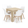 Conjunto de jantar com mesa 80 × 80 cm com painel para móveis com revestimento de PVC, acabamento carvalho Sonoma, e 4 cadeiras Mark com assento e encosto em plástico, assento acolchoado em couro sintético e pernas de madeira, acabamento branconatural.