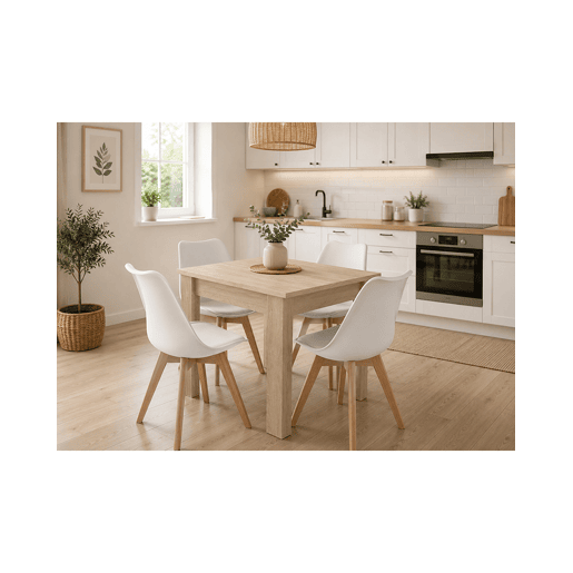 Conjunto de jantar com mesa 80 × 80 cm com painel para móveis com revestimento de PVC, acabamento carvalho Sonoma, e 4 cadeiras Mark com assento e encosto em plástico, assento acolchoado em couro sintético e pernas de madeira, acabamento branconatural. Conjunto de jantar com mesa 80 × 80 cm com painel para móveis com revestimento de PVC, acabamento carvalho Sonoma, e 4 cadeiras Mark com assento e encosto em plástico, assento acolchoado em couro sintético e pernas de madeira, acabamento branconatural.