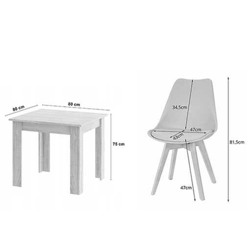Conjunto de jantar com mesa 80 × 80 cm com painel para móveis com revestimento de PVC, acabamento carvalho Sonoma, e 4 cadeiras Mark com assento e encosto em plástico, assento acolchoado em couro sintético e pernas de madeira, acabamento branconatural. Conjunto de jantar com mesa 80 × 80 cm com painel para móveis com revestimento de PVC, acabamento carvalho Sonoma, e 4 cadeiras Mark com assento e encosto em plástico, assento acolchoado em couro sintético e pernas de madeira, acabamento branconatural.
