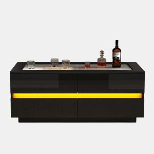 Mesa de centro 100 x 50 x 40 cm - 4 gavetas, LED, vidro temperado, acabamento de alto brilho, tampo em aglomerado, 35 kg - preto