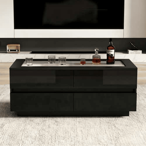 Mesa de centro 100 x 50 x 40 cm - 4 gavetas, LED, vidro temperado, acabamento de alto brilho, tampo em aglomerado, 35 kg - preto Mesa de centro 100 x 50 x 40 cm - 4 gavetas, LED, vidro temperado, acabamento de alto brilho, tampo em aglomerado, 35 kg - preto