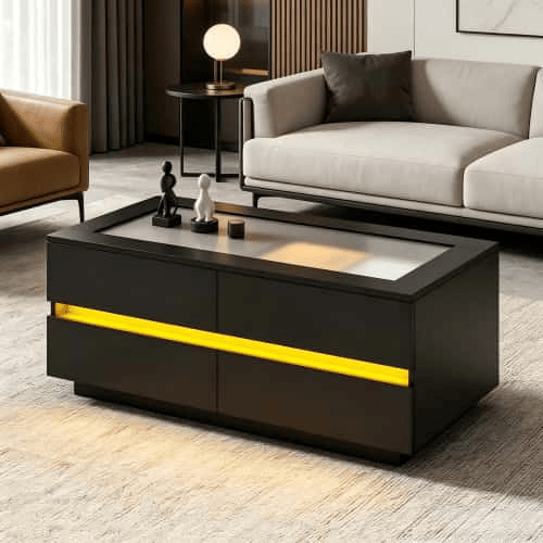 Mesa de centro 100 x 50 x 40 cm - 4 gavetas, LED, vidro temperado, acabamento de alto brilho, tampo em aglomerado, 35 kg - preto Mesa de centro 100 x 50 x 40 cm - 4 gavetas, LED, vidro temperado, acabamento de alto brilho, tampo em aglomerado, 35 kg - preto
