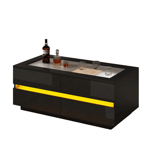 Mesa de centro 100 x 50 x 40 cm - 4 gavetas, LED, vidro temperado, acabamento de alto brilho, tampo em aglomerado, 35 kg - preto Mesa de centro 100 x 50 x 40 cm - 4 gavetas, LED, vidro temperado, acabamento de alto brilho, tampo em aglomerado, 35 kg - preto