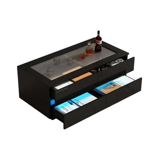 Mesa de centro 100 x 50 x 40 cm - 4 gavetas, LED, vidro temperado, acabamento de alto brilho, tampo em aglomerado, 35 kg - preto Mesa de centro 100 x 50 x 40 cm - 4 gavetas, LED, vidro temperado, acabamento de alto brilho, tampo em aglomerado, 35 kg - preto