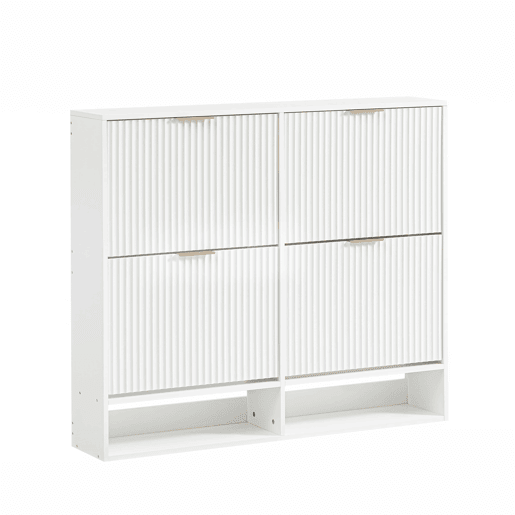 Armário de entrada 120 x 24 cm - Frentes com ranhuras, prateleiras reguláveis em altura, sistema anti-tombamento e superfície decorativa para a entrada - Branco Armário de entrada 120 x 24 cm - Frentes com ranhuras, prateleiras reguláveis em altura, sistema anti-tombamento e superfície decorativa para a entrada - Branco