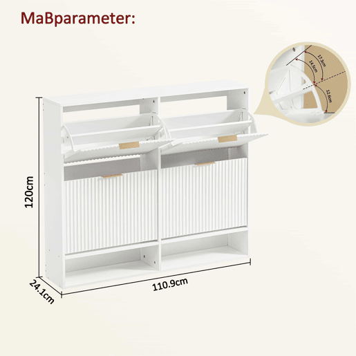 Armário de entrada 120 x 24 cm - Frentes com ranhuras, prateleiras reguláveis em altura, sistema anti-tombamento e superfície decorativa para a entrada - Branco Armário de entrada 120 x 24 cm - Frentes com ranhuras, prateleiras reguláveis em altura, sistema anti-tombamento e superfície decorativa para a entrada - Branco