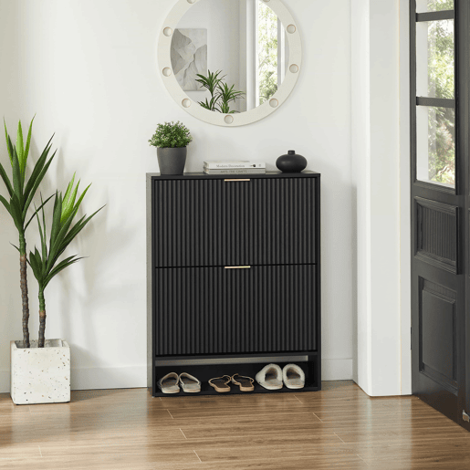 Aparador 80 x 24 cm - frente com ranhuras, prateleiras ajustáveis, sistema anti-tombamento, consola decorativa para a entrada - Preto Aparador 80 x 24 cm - frente com ranhuras, prateleiras ajustáveis, sistema anti-tombamento, consola decorativa para a entrada - Preto