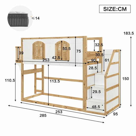 Cama alta infantil em madeira maciça 90x200 cm - Com escada, roupeiro, zona de brincar, design com janelas e base de ripas resistente - Branco e natural