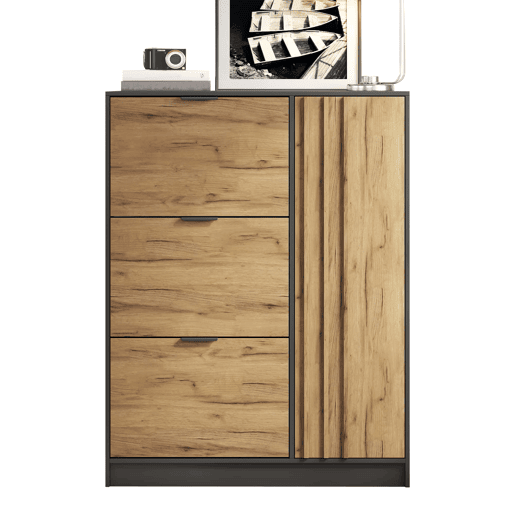Armário para sapatos 100x30x130 cm - MDF com 3 compartimentos rebatíveis e 1 armário com porta, capacidade para 12 pares, até 50 kg, móvel de entrada - madeira natural + preto Armário para sapatos 100x30x130 cm - MDF com 3 compartimentos rebatíveis e 1 armário com porta, capacidade para 12 pares, até 50 kg, móvel de entrada - madeira natural + preto