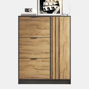 Armário para sapatos 100x30x130 cm - MDF com 3 compartimentos rebatíveis e 1 armário com porta, capacidade para 12 pares, até 50 kg, móvel de entrada - madeira natural + preto