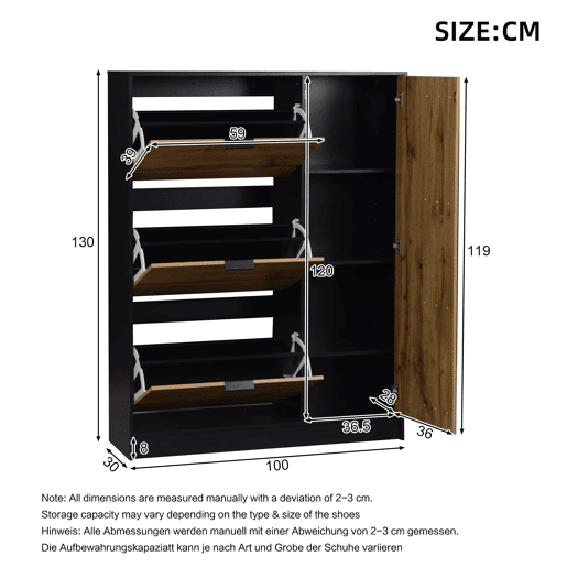 Armário para sapatos 100x30x130 cm - MDF com 3 compartimentos rebatíveis e 1 armário com porta, capacidade para 12 pares, até 50 kg, móvel de entrada - madeira natural + preto Armário para sapatos 100x30x130 cm - MDF com 3 compartimentos rebatíveis e 1 armário com porta, capacidade para 12 pares, até 50 kg, móvel de entrada - madeira natural + preto