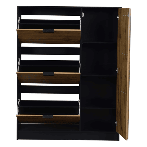 Armário para sapatos 100x30x130 cm - MDF com 3 compartimentos rebatíveis e 1 armário com porta, capacidade para 12 pares, até 50 kg, móvel de entrada - madeira natural + preto Armário para sapatos 100x30x130 cm - MDF com 3 compartimentos rebatíveis e 1 armário com porta, capacidade para 12 pares, até 50 kg, móvel de entrada - madeira natural + preto