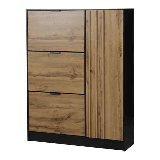 Armário para sapatos 100x30x130 cm - MDF com 3 compartimentos rebatíveis e 1 armário com porta, capacidade para 12 pares, até 50 kg, móvel de entrada - madeira natural + preto Armário para sapatos 100x30x130 cm - MDF com 3 compartimentos rebatíveis e 1 armário com porta, capacidade para 12 pares, até 50 kg, móvel de entrada - madeira natural + preto