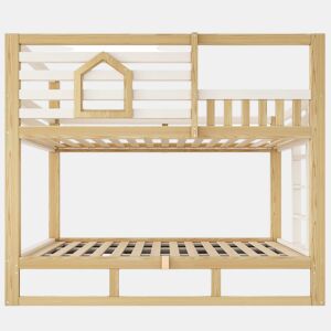 Cama de beliche infantil 90x200 cm - estilo cabana, janela, grade de segurança, escada reta, arrumação com sistema hidráulico para 2 crianças - CarvalhoBranco