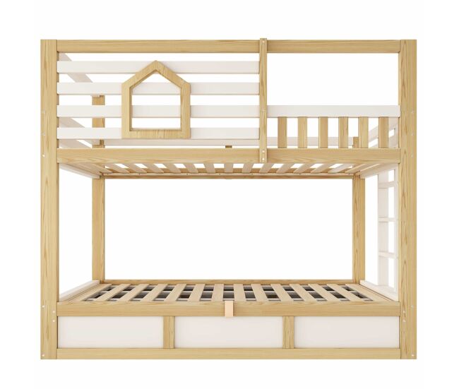Cama litera infantil 90x200 cm - estilo cabaña, ventana, barandilla de seguridad, escalera recta, almacenamiento hidráulico para 2 niños - roble/