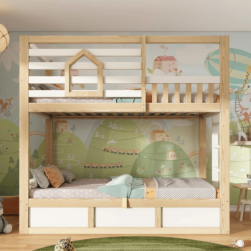 Cama de beliche infantil 90x200 cm - estilo cabana, janela, grade de segurança, escada reta, arrumação com sistema hidráulico para 2 crianças - CarvalhoBranco Cama de beliche infantil 90x200 cm - estilo cabana, janela, grade de segurança, escada reta, arrumação com sistema hidráulico para 2 crianças - CarvalhoBranco
