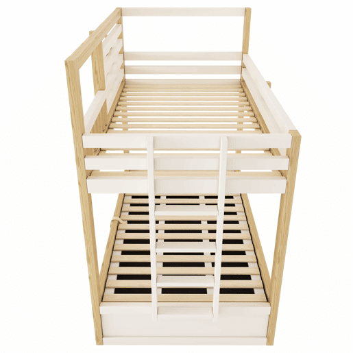 Cama de beliche infantil 90x200 cm - estilo cabana, janela, grade de segurança, escada reta, arrumação com sistema hidráulico para 2 crianças - CarvalhoBranco Cama de beliche infantil 90x200 cm - estilo cabana, janela, grade de segurança, escada reta, arrumação com sistema hidráulico para 2 crianças - CarvalhoBranco