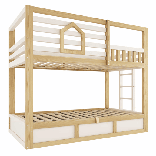 Cama de beliche infantil 90x200 cm - estilo cabana, janela, grade de segurança, escada reta, arrumação com sistema hidráulico para 2 crianças - CarvalhoBranco Cama de beliche infantil 90x200 cm - estilo cabana, janela, grade de segurança, escada reta, arrumação com sistema hidráulico para 2 crianças - CarvalhoBranco
