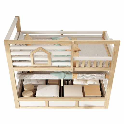Cama de beliche infantil 90x200 cm - estilo cabana, janela, grade de segurança, escada reta, arrumação com sistema hidráulico para 2 crianças - CarvalhoBranco Cama de beliche infantil 90x200 cm - estilo cabana, janela, grade de segurança, escada reta, arrumação com sistema hidráulico para 2 crianças - CarvalhoBranco
