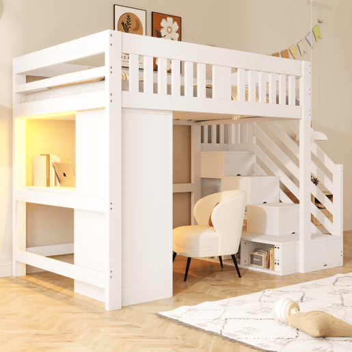 Cama alta 140 x 200 cm - Escada com arrumação, secretária com tomada, luz LED multicolorida, roupeiro individual, banco com arrumação, grade alta - Branco Cama alta 140 x 200 cm - Escada com arrumação, secretária com tomada, luz LED multicolorida, roupeiro individual, banco com arrumação, grade alta - Branco