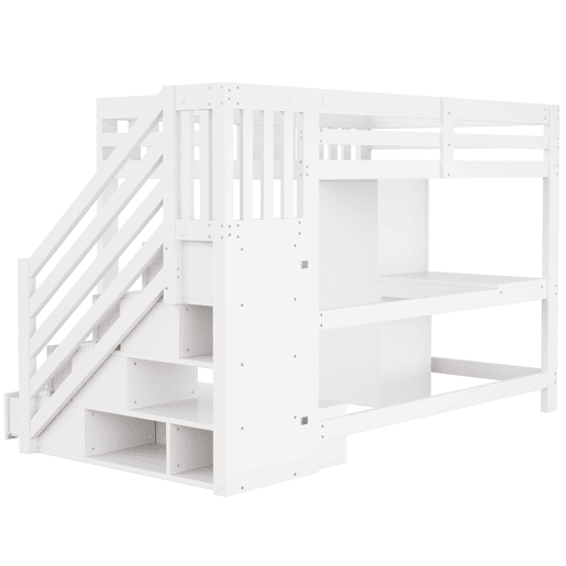 Cama alta 140 x 200 cm - Escada com arrumação, secretária com tomada, luz LED multicolorida, roupeiro individual, banco com arrumação, grade alta - Branco Cama alta 140 x 200 cm - Escada com arrumação, secretária com tomada, luz LED multicolorida, roupeiro individual, banco com arrumação, grade alta - Branco