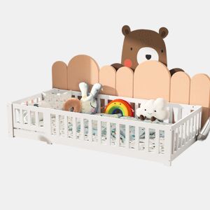 Cama 90x200 cm em Madeira Maciça de Pinho | Estrutura com Estrado de Ripas | Cama Individual com Proteções Laterais Anti-Queda, Branco