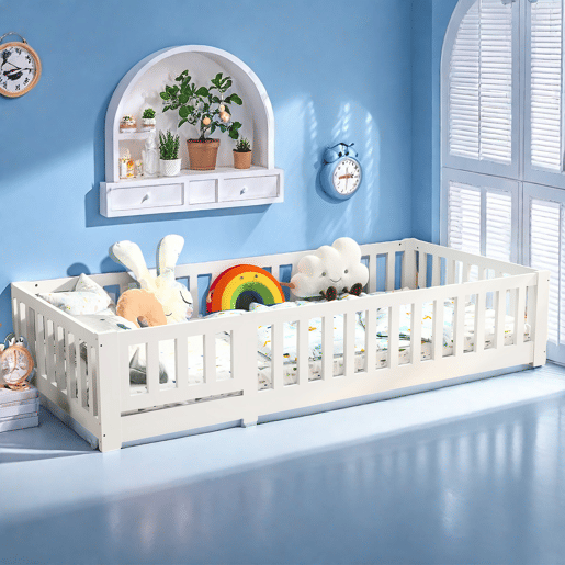 Cama 90x200 cm em Madeira Maciça de Pinho | Estrutura com Estrado de Ripas | Cama Individual com Proteções Laterais Anti-Queda, Branco Cama 90x200 cm em Madeira Maciça de Pinho | Estrutura com Estrado de Ripas | Cama Individual com Proteções Laterais Anti-Queda, Branco