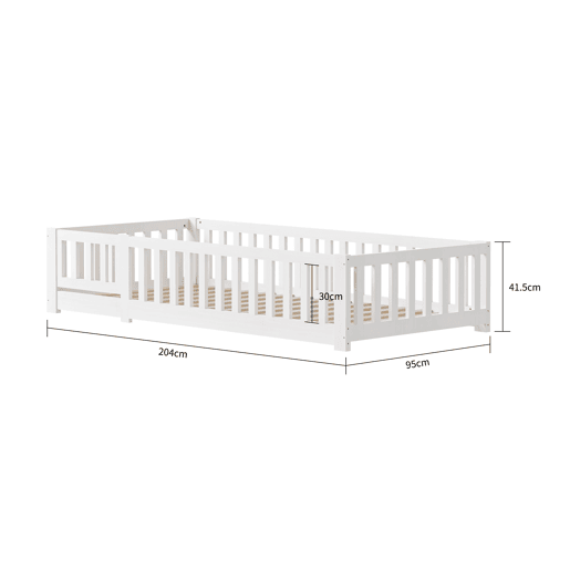 Cama 90x200 cm em Madeira Maciça de Pinho | Estrutura com Estrado de Ripas | Cama Individual com Proteções Laterais Anti-Queda, Branco Cama 90x200 cm em Madeira Maciça de Pinho | Estrutura com Estrado de Ripas | Cama Individual com Proteções Laterais Anti-Queda, Branco
