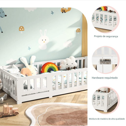 Cama 90x200 cm em Madeira Maciça de Pinho | Estrutura com Estrado de Ripas | Cama Individual com Proteções Laterais Anti-Queda, Branco Cama 90x200 cm em Madeira Maciça de Pinho | Estrutura com Estrado de Ripas | Cama Individual com Proteções Laterais Anti-Queda, Branco