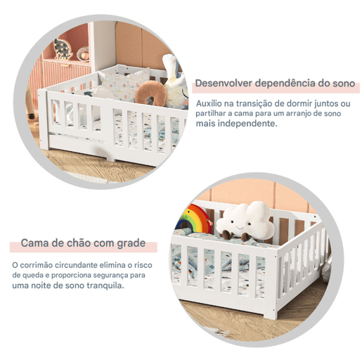 Cama 90x200 cm em Madeira Maciça de Pinho | Estrutura com Estrado de Ripas | Cama Individual com Proteções Laterais Anti-Queda, Branco Cama 90x200 cm em Madeira Maciça de Pinho | Estrutura com Estrado de Ripas | Cama Individual com Proteções Laterais Anti-Queda, Branco