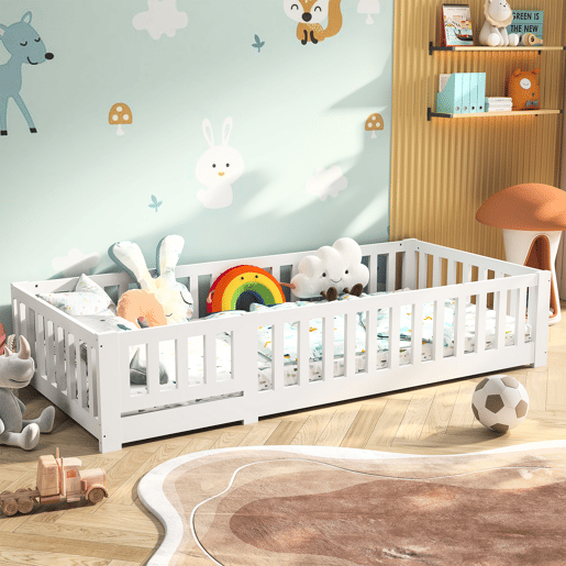 Cama 90x200 cm em Madeira Maciça de Pinho | Estrutura com Estrado de Ripas | Cama Individual com Proteções Laterais Anti-Queda, Branco Cama 90x200 cm em Madeira Maciça de Pinho | Estrutura com Estrado de Ripas | Cama Individual com Proteções Laterais Anti-Queda, Branco