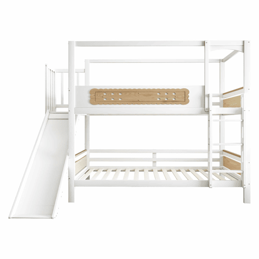Cama de beliche infantil 90 x 200 cm - estrutura em forma de casa com escorrega, grades de segurança com desenho de bolacha e escada extra larga - madeira natural, branco Cama de beliche infantil 90 x 200 cm - estrutura em forma de casa com escorrega, grades de segurança com desenho de bolacha e escada extra larga - madeira natural, branco
