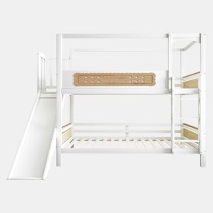 Cama de beliche infantil 90 x 200 cm - estrutura em forma de casa com escorrega, grades de segurança com desenho de bolacha e escada extra larga - madeira natural, branco