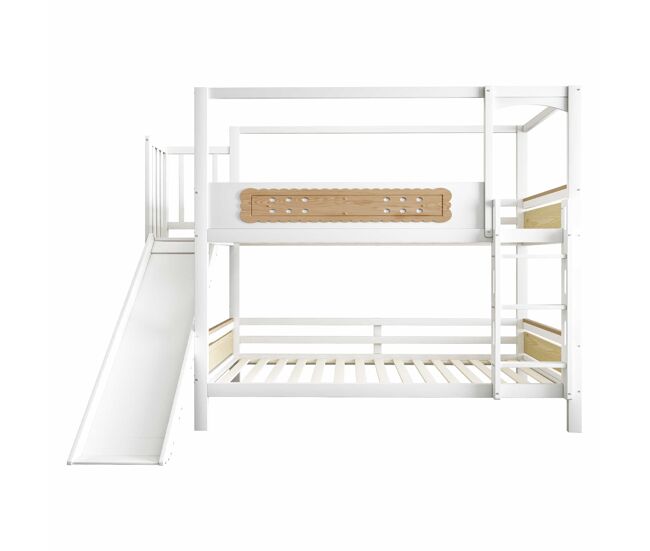 Cama litera infantil 90x200 cm - estructura en forma de casa con tobogán, barandillas de seguridad con diseño de galleta y escalera extra ancha -