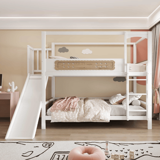 Cama de beliche infantil 90 x 200 cm - estrutura em forma de casa com escorrega, grades de segurança com desenho de bolacha e escada extra larga - madeira natural, branco Cama de beliche infantil 90 x 200 cm - estrutura em forma de casa com escorrega, grades de segurança com desenho de bolacha e escada extra larga - madeira natural, branco
