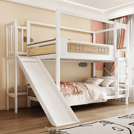 Cama de beliche infantil 90 x 200 cm - estrutura em forma de casa com escorrega, grades de segurança com desenho de bolacha e escada extra larga - madeira natural, branco Cama de beliche infantil 90 x 200 cm - estrutura em forma de casa com escorrega, grades de segurança com desenho de bolacha e escada extra larga - madeira natural, branco
