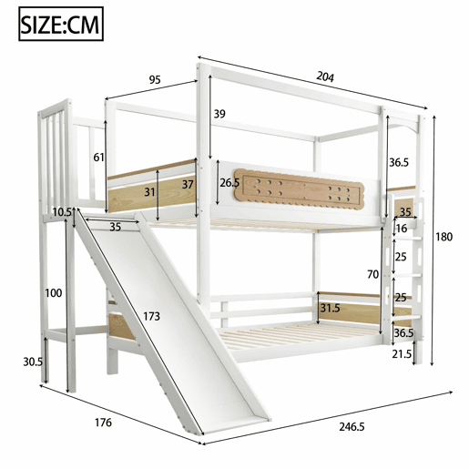 Cama de beliche infantil 90 x 200 cm - estrutura em forma de casa com escorrega, grades de segurança com desenho de bolacha e escada extra larga - madeira natural, branco Cama de beliche infantil 90 x 200 cm - estrutura em forma de casa com escorrega, grades de segurança com desenho de bolacha e escada extra larga - madeira natural, branco