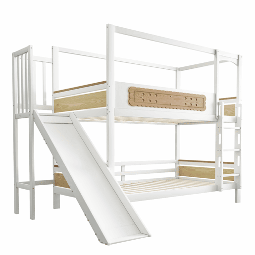 Cama de beliche infantil 90 x 200 cm - estrutura em forma de casa com escorrega, grades de segurança com desenho de bolacha e escada extra larga - madeira natural, branco Cama de beliche infantil 90 x 200 cm - estrutura em forma de casa com escorrega, grades de segurança com desenho de bolacha e escada extra larga - madeira natural, branco