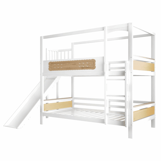 Cama de beliche infantil 90 x 200 cm - estrutura em forma de casa com escorrega, grades de segurança com desenho de bolacha e escada extra larga - madeira natural, branco Cama de beliche infantil 90 x 200 cm - estrutura em forma de casa com escorrega, grades de segurança com desenho de bolacha e escada extra larga - madeira natural, branco