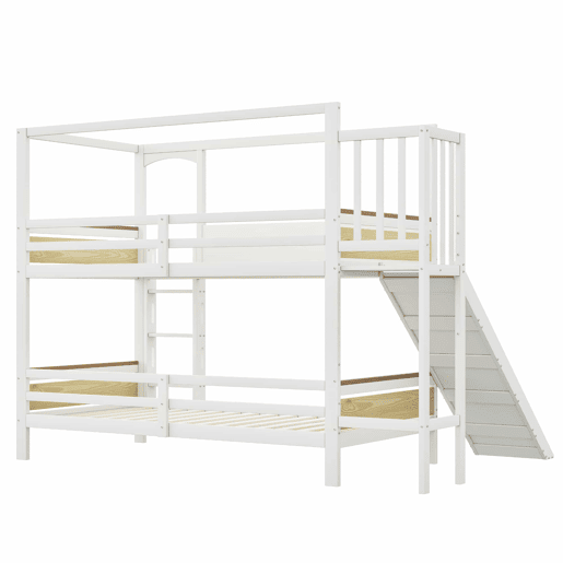 Cama de beliche infantil 90 x 200 cm - estrutura em forma de casa com escorrega, grades de segurança com desenho de bolacha e escada extra larga - madeira natural, branco Cama de beliche infantil 90 x 200 cm - estrutura em forma de casa com escorrega, grades de segurança com desenho de bolacha e escada extra larga - madeira natural, branco