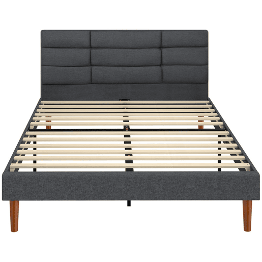HOMCOM Cama Estofada 140x200 cm com Cabeceira Almofadada, Estrutura com Ripas, Arrumação Inferior, Design Moderno, Montagem Fácil, Cinzento