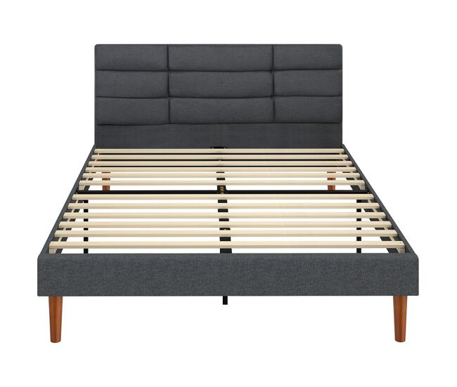 Homcom cama tapizada 140x200 cm con cabecero acolchado de rejilla y almacenaje inferior, marco de cama doble con láminas de madera, diseño moderno, fácil montaje, gris