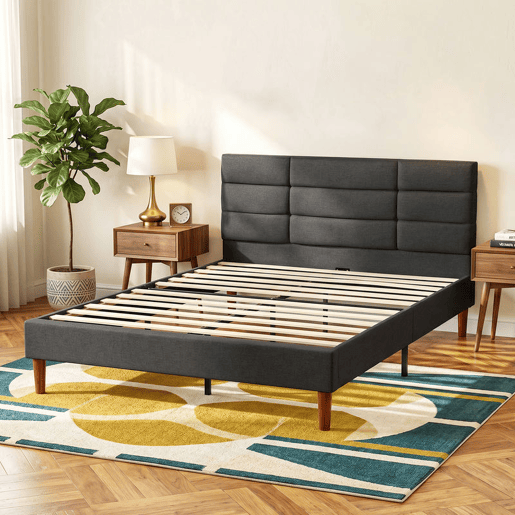 HOMCOM Cama Estofada 140x200 cm com Cabeceira Almofadada, Estrutura com Ripas, Arrumação Inferior, Design Moderno, Montagem Fácil, Cinzento