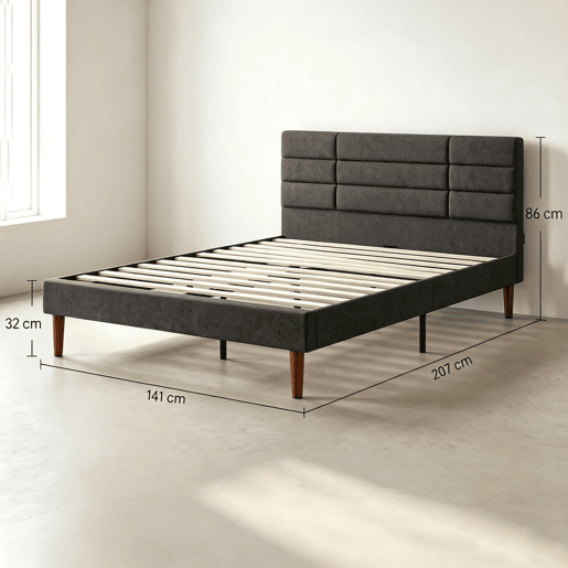 HOMCOM Cama Estofada 140x200 cm com Cabeceira Almofadada, Estrutura com Ripas, Arrumação Inferior, Design Moderno, Montagem Fácil, Cinzento