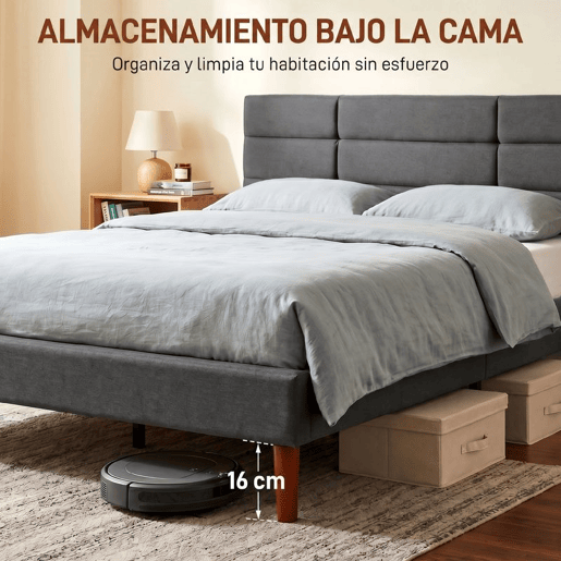 HOMCOM Cama Estofada 140x200 cm com Cabeceira Almofadada, Estrutura com Ripas, Arrumação Inferior, Design Moderno, Montagem Fácil, Cinzento