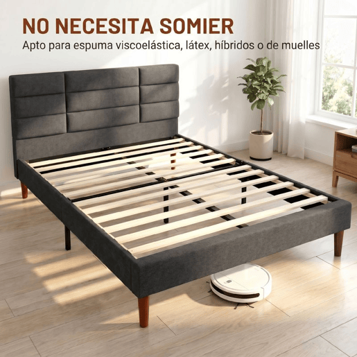 HOMCOM Cama Estofada 140x200 cm com Cabeceira Almofadada, Estrutura com Ripas, Arrumação Inferior, Design Moderno, Montagem Fácil, Cinzento