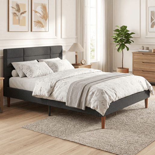 HOMCOM Cama Estofada 140x200 cm com Cabeceira Almofadada, Estrutura com Ripas, Arrumação Inferior, Design Moderno, Montagem Fácil, Cinzento