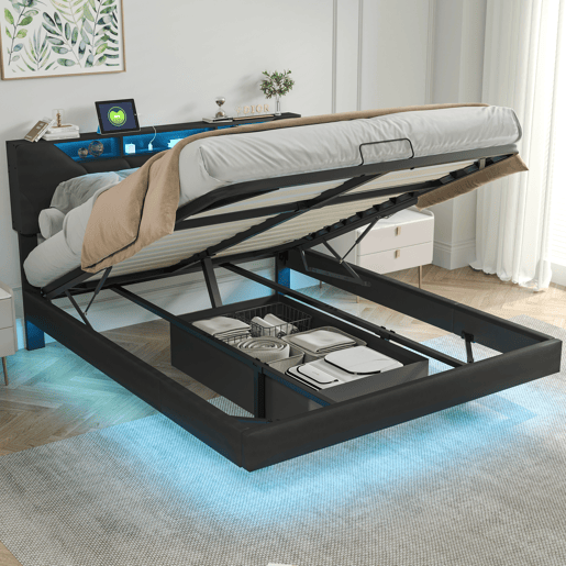 Cama 160x200cm, estrutura de cama hidráulica, USB, LED, cama de casal, estrutura de cama com estrutura metálica Cama 160x200cm, estrutura de cama hidráulica, USB, LED, cama de casal, estrutura de cama com estrutura metálica