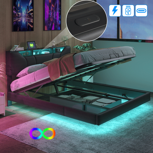 Cama 160x200cm, estrutura de cama hidráulica, USB, LED, cama de casal, estrutura de cama com estrutura metálica Cama 160x200cm, estrutura de cama hidráulica, USB, LED, cama de casal, estrutura de cama com estrutura metálica